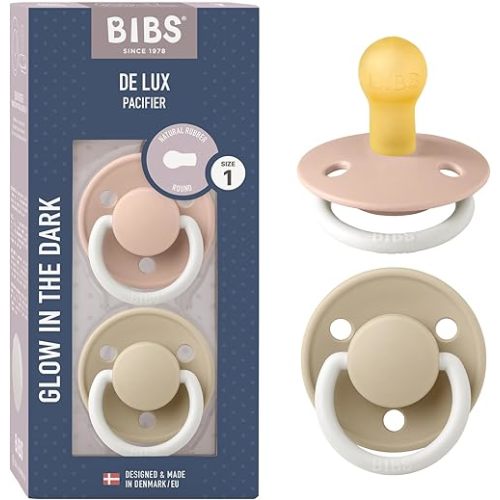 BIBS Pacifiers - De Lux Collection | BPA-Free Baby Pacifier | Made in Denmark | Set of 2 Blush Night/Vanilla Night Color Premium Soothers | Size 0-6 Months