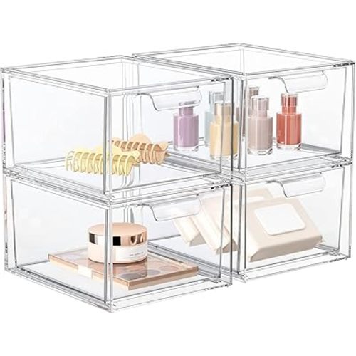 4 Pack Stackable Makeup Organizer and Storage, Acrylic Organizers,Clear Plastic Storage Drawer with Handles for Vanity, Undersink, Kitchen Cabinets, Pantry