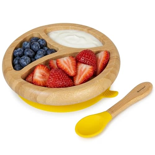 Abiie Octopod Bamboo Dish & Spoon - Suction Baby Plate - 4 Mos & Up -Yellow | 3-Compartment Round Kids Plate, High Chair Accessories, Mess-Free Toddler Feeding Essentials, Divided Plate, Baby-Led Weaning