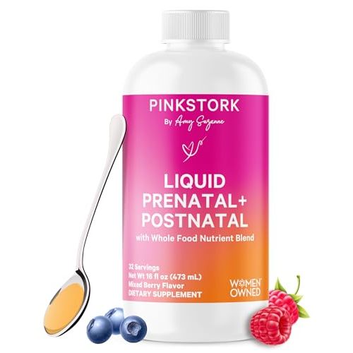 Pink Stork Liquid Prenatal Vitamins for Women - Berry Flavor - Organic Food Blend - for Fertility, Pregnancy, Postpartum- Morning Sickness Support - Breastfeeding and Lactation - 32 Servings