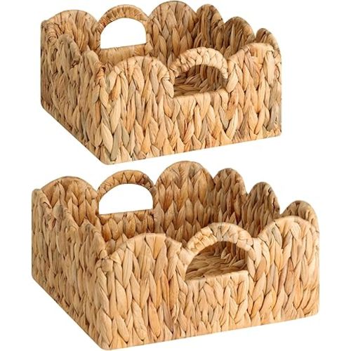 StorageWorks Scalloped Wicker Basket, Hand-woven Rattan Baskets with Built-in Handles, Water Hyacinth Basket for Organizing and Decor, 2 Pack