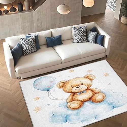Teddy Bear Door Mat 2x3 Stars and Clouds Throw Rug for Entryway, Cute Kids Washable Area Rug for Bedroom Living Room, Indoor Non Slip Floor Mats