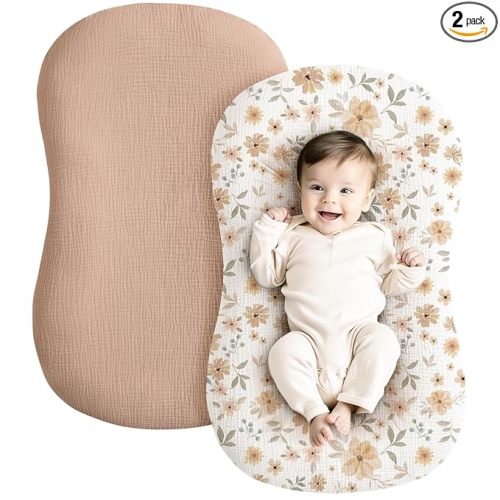 Konssy Muslin Baby Lounger Cover 2 Pack, 100% Cotton Newborn Lounger Cover, Soft and Breathable Baby Nest Slipcover for Boys Girls (Peach, Flowers)