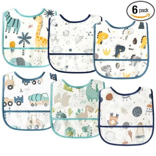 6Pcs Baby Bibs with Pocket, Waterproof Toddler Feeding Bib for Infant | Babies Eating Sleeveless Bib with Crumb Catcher, Adjustable Food Bib, Food-Grade, Keepsake Gift Baby Essentials, 6-24 Months