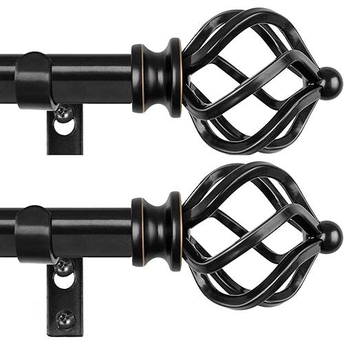 KAMANINA 2 Pack Curtain Rods 32 to 86 Inches (2.6-7.1ft), 3/4 Inch Black Curtain Rods for Windows Splicing Adjustable Single Drapery Rod with Twisted Cage Finial, for Indoor and Outdoor