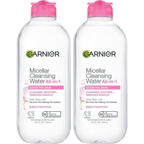 Garnier Micellar Water, Hydrating Facial Cleanser & Makeup Remover, Suitable for Sensitive Skin, Vegan, Cruelty Free, 13.5 Fl Oz (400mL), 2 Count