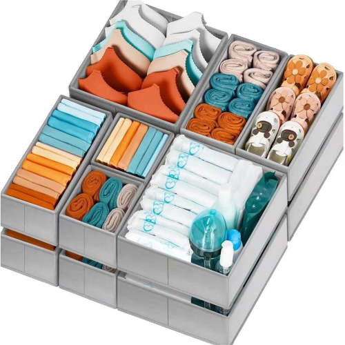 Drawer Organizer for Baby Clothes, Linen Fabric Nursery Organizer for Baby Diaper, Collapsible Deep Fabric Drawer Organizer with Zipper for Socks, Bra, Towels, Ties