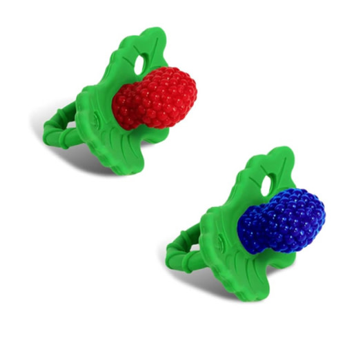 RaZbaby RaZberry Silicone Teether Pacifier – Teething Relief for Infants, Food-Grade, BPA-Free, Hands-Free, Natural Berrybumps Fruit Texture for Sensory Development, Freezable, 2-Pack - Red & Blue