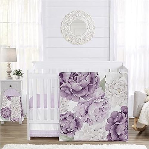 Sweet Jojo Designs 4-Piece Baby Crib Bedding Set (Purple Lavendar Boho Floral) for Girls, Infants/Nursery incl. Blanket, Fitted Sheet, Skirt, Diaper Stacker (Vintage, Elegant, Shabby Chic, Wildflower)