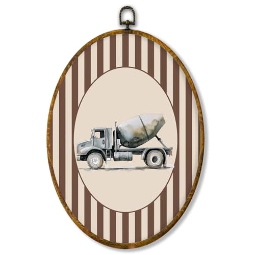 shiviody Concrete Mixer Truck Nursery Canvas Wall Art Decor, Brown Striped Nursery Decor, Watercolor Oval Hanging Frame Prints Decorations for Home Kids Toddler Room Bedroom Playroom 8.6"x11.4"