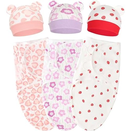 Baby Swaddle Sleep Sacks with Bear Ear Hats Cotton Adjustable Swaddle Blankets Wrap Nursery Swaddles for Newborns Boy Girl Infant 0-3 Months