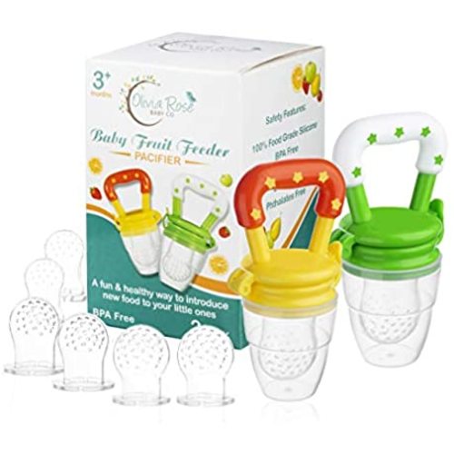 Baby Fruit Feeder Pacifier (2 Pack), Fresh Food Feeding Teether for Toddler, BPA Free, Soothing Gum Relief, Infant Silicone Teething Toy, Includes All The Sizes of The Silicone Nipple Pouches