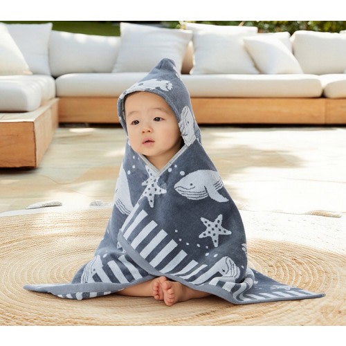 Bubbles Whale Plush Jacquard Baby Beach Hooded Towel UPF 50+