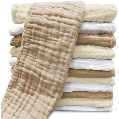 Sunny zzzZZ Muslin Burp Cloths for Baby 100% Cotton Burping Cloths for Unisex, Boy, Girl - Large 20'' by 10'' Newborn Essentials Ultra Soft Absorbent Milk Spit Up Rags - 12 Pack - White+Ivory+Brown