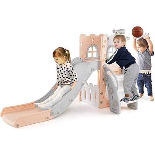 BABY JOY Toddler Slide, 6-in-1 Indoor Kids Slide Playset with Basketball Hoop, Telescope, Climbing Ladder & Storage Space, Freestanding Playhouse & Climber for Kids Aged 1-3 (Pink)