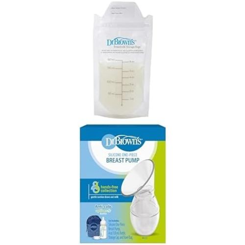 Dr. Brown’s Breast Milk Storage Bags, Disposable and Durable Bags for Freezing & Heating, (50ct) 6 oz Bags, BPA-Fee + Dr. Brown's One-Piece Breast Pump, 100% Silicone + Baby Bottle, 4 oz + Travel Bag