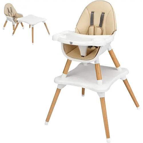 BABY JOY 5 in 1 High Chair, Convertible High Chairs for Babies and Toddlers/Booster Seat/Table and Chair Set, Infant Wooden Highchair w/ 5-Point Harness, 4-Position Removable Tray & PU Cushion (Khaki)