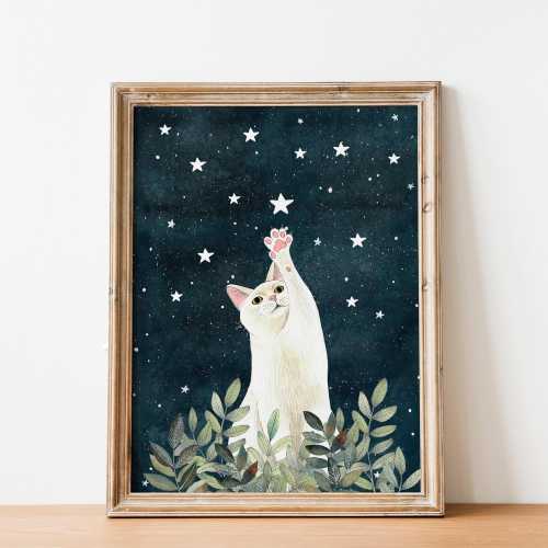 White cat poster, Celestial wall art, Pet memorial gift, Night sky print, Animal drawing, Kitten painting, Arts for pets, Baby room decor
