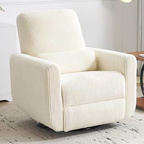 360° Swivel Glider Recliner Chair, Oversized Rocker Recliner with Heating and Massage, Glider Chair for Nursery with Pillow,24" Extra Wide Rocking Chair for Living Room, Corduroy Beige