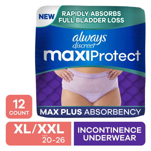 Always Discreet Adult Diapers for Women, MaxiProtect, Incontinence Underwear, Maximum Plus Absorbency, Size XL/XXL, 12 Count HSA/FSA Eligible