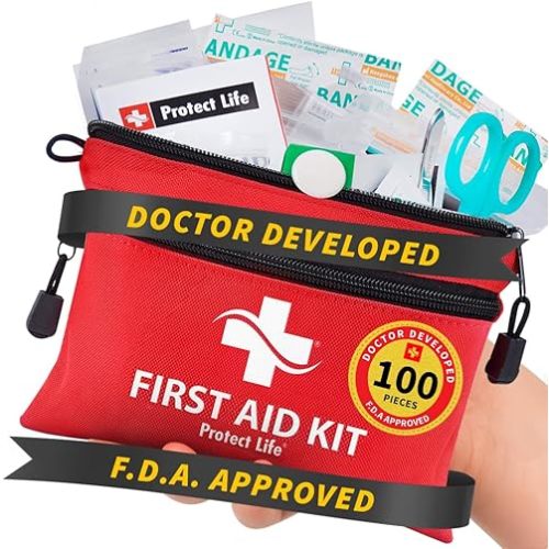 Protect Life First Aid Kit, Travel First Aid Kit for Car, 100 Piece Compact Emergency Preparedness Starter Kit for Home, Office, Camping, Hiking