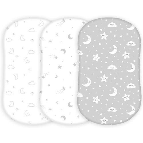 TansyPanda Halo Bassinet Sheets for BassiNest Luxe Swivel, Soothing, Swivel, Lite, Essential Sleeper, 3 Pack, 33 X 17 Inch, Ultra Soft, Snug Fit, Unisex Boys Girls, Gray White (Moon, Stars, Clouds)