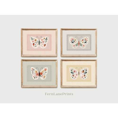 Set of 4 Butterfly Folk Art Prints, Botanical Nursery Wall Art, Girls Room Decor