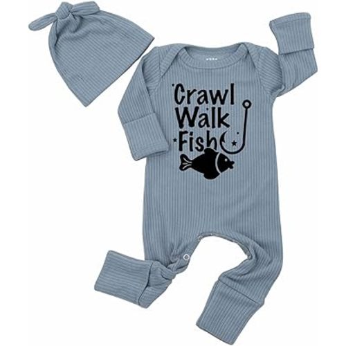 Crawl Walk Fish Baby Boys Girls Bodysuit Romper Newborn Daddy Fishing Long Sleeve Jumpsuit 0-3 Month Clothes And Hat