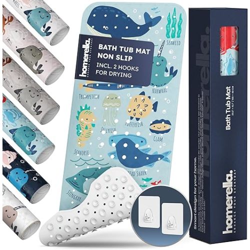 Bath Tub Mat Non Slip Anti Mold for Kids BPA Free INCL Hooks - homerella® Ocean Sea Animals 40x16, Baby Bath Mat Non Slip 200 Suction Cups, Non Toxic Machine Washable Toddler Bath Mat, EU Certified
