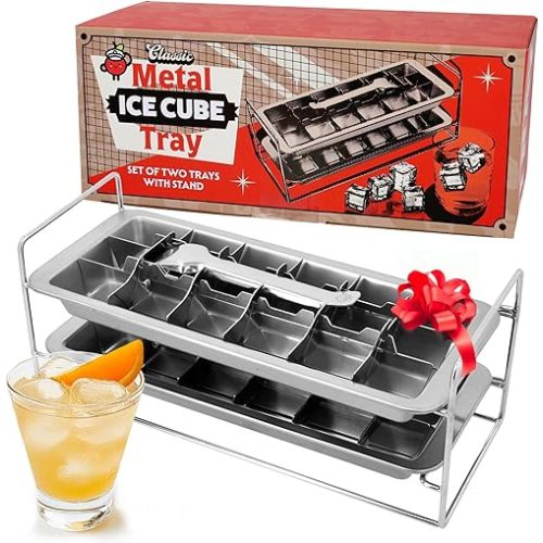 Stainless Steel Double Ice Cube Trays with lever and Stand (11", 36 cubes), Classic Metal Ice Cube Trays for Freezer, Non Toxic, Plastic Free, Dishwasher safe