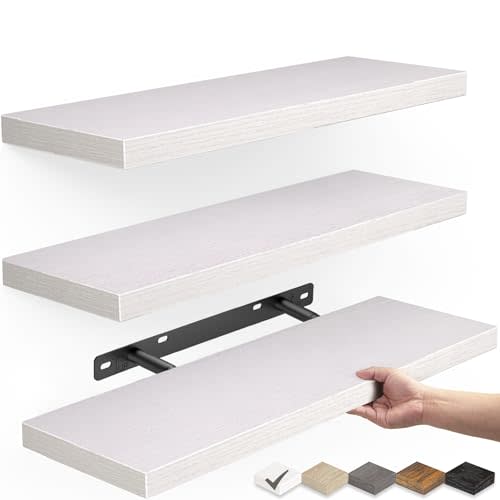 BAYKA Floating Shelves for Wall Rustic Wood Wall Shelves with Metal Brackets for Bathroom, Bedroom, Kitchen, or Living Room Decor Organization White, Set of 3, Sturdy Storage with 22lb Capacity