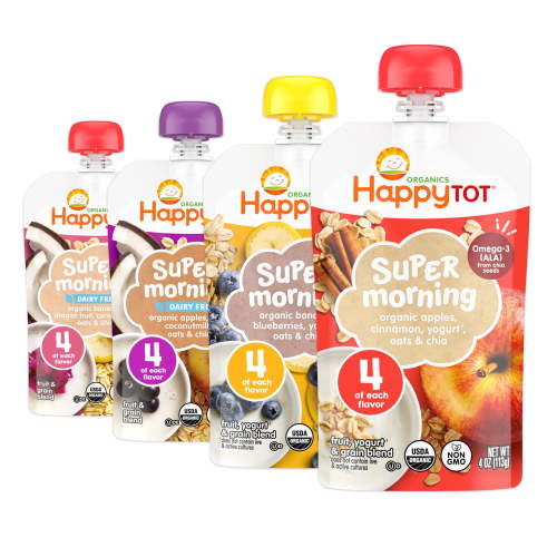Happy Tot Organics Super Morning & Super Food Stage 4 Variety, 4oz Pouch,16 pack: