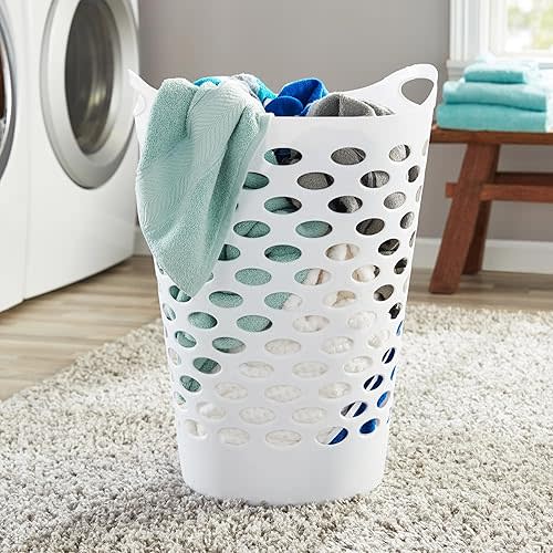 Plastic Round Laundry Hamper, BPA-Free, White - Sturdy, Ventilated, with Comfort Carrying Handles for Bedroom, Bathroom & Dorm