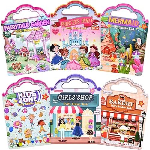 6 Set (260pcs) Puffy Sticker Books Activity for Girls, Reusable Stickers Book, Fairytale+Garden+Princess Party+Mermaid+Kids Zone+Girls' Shop, Travel Book for Kids Ages 3+