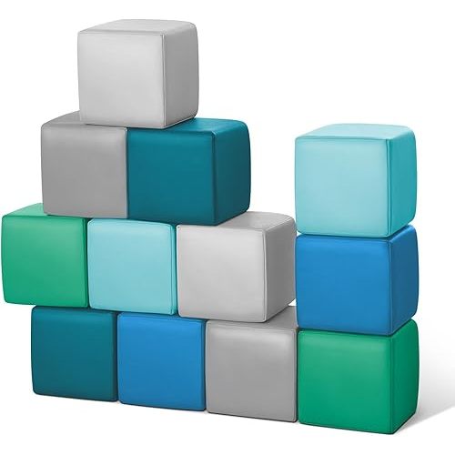 TODIBY Foam Building Blocks for Toddlers:12-Pieces Wipeable Leather Stacking Cubes Kids - Large Soft Toys Play Set for Learning Construction Baby Preschool Daycare Therapy Birthday Gift (Modern)