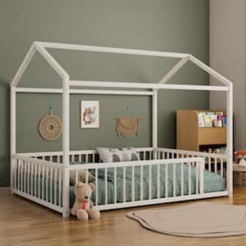 White Full Size Montessori Style Metal Floor Bed Frame with Safety Guardrails for Kids and Toddler