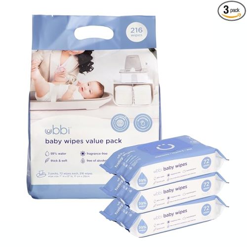 Ubbi Fragrance-Free Baby Wipes, 99% Water Based, Plant Based Wipes, Hypoallergenic for Sensitive Skin with Chamomile, Vitamin E & Aloe, EWG Verified, Value Pack, 3 Pack (216 Wipes Total)