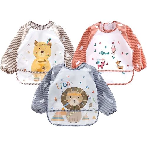 3 Pack Baby Long sleeve bibs,waterproof baby bib with pocket, Adjustable Neckline sleeve Bibs toddler(6-36 months),enfant manche longue bavette bébé