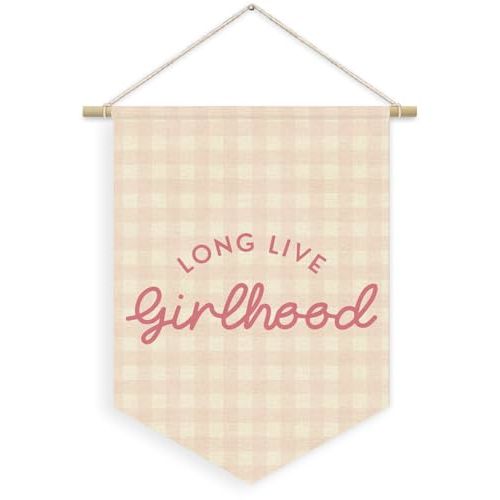 XYDEG Girl Nursery Decor, Long Live Girlhood Linen Canvas Banner, Pink Checkered Preppy Girly Wall Hanging Pennant Flag Banner for Girls Nursery Kids Toddler Room Bedroom Dorm Decor, 15x11in