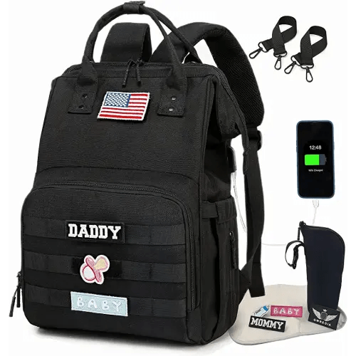 Diaper Bag Backpack for Dad and Mom with USB Charging Port Stroller Straps and Insulated Pocket,army military Travel Nappy Backpack for Daddy/Mommy (Black)