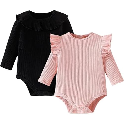 ROMPERINBOX Baby Girl Bodysuit 2 Pack, Long Sleeve Ribbed Knitted Onsies Ruffle Collar and Flutter Sleeve Fall Winter Clothes