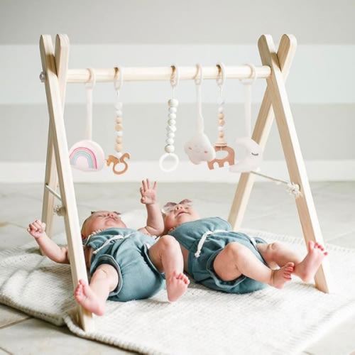 Wooden Baby Gym with 6 Gym Toys, Foldable Baby Play Gym, Natural Pine Wood Play Gym, Frame Activity Center Hanging Bar, Wooden Play Gym