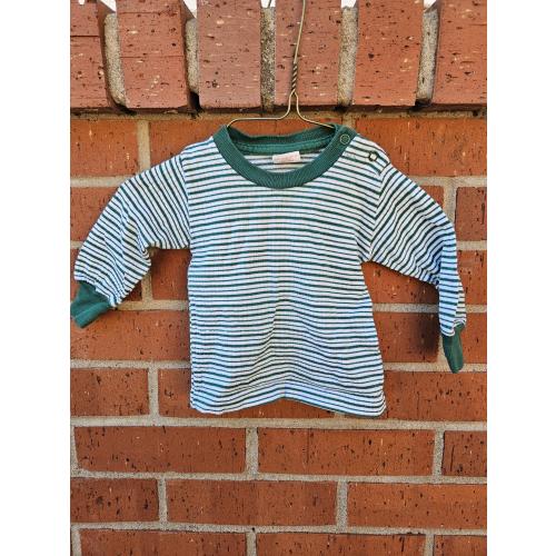 Vintage Buster Brown Baby Shirt 6–9 Months Made in USA, Green Stripe Infant Long Sleeve Tee Retro Baby Clothing