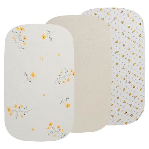 Onacosht Muslin Bassinet Sheets 3 Pack, 100% Cotton Baby Sheet 35" X 20" Compatiable with AMKE 3 in 1 Bassinets, MiClassic, Uiuwoo, Foalom, YADAQE, Milliard and TCBunny Bassinet, Leaf and Floral Beige