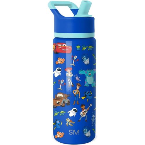 Simple Modern Kids Summit Water Bottle with Straw Lid | Disney Pixar 18oz Stainless Steel Cup Insulated Tumbler for Boys, Girls, School | Pixar Mashup on Blue