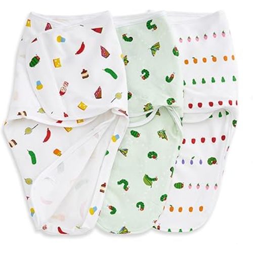 aden + anais Essentials Easy Swaddle Wrap Quick Change with Bottom Zipper, Snug Cotton Knit Baby Wrap Swaddle Blanket for Newborns, TOG 1.0, 3-Pack, Very Hungry Caterpillar, 0-3 Months, Small/Medium