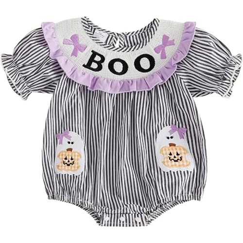 Baby Girl Halloween Outfit Pumpkin Bubble Romper Short Sleeve Stripes Jumpsuit Cute Smocked Clothes