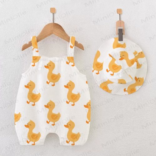 Baby Duck Print White Romper with Hat