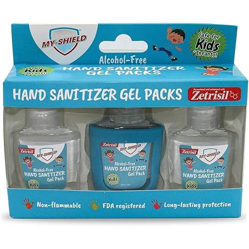 Hand Sanitizer Gel Packs for Kids With Silicone Holder 1 oz (3-pack) Alcohol-Free, Long-lasting Protection. Kills 99.9%. Formulated with Zetrisil. FDA Registered