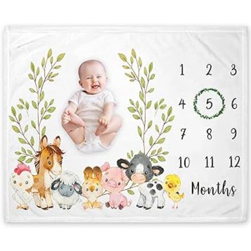 Yuzioey Farm Animals Milestone Blanket, Farm Baby Growth Chart Monthly Blanket, Watch Me Grow Baby Nursery, Horse Cow Sheep Pig, Includes Marker (50"x40")